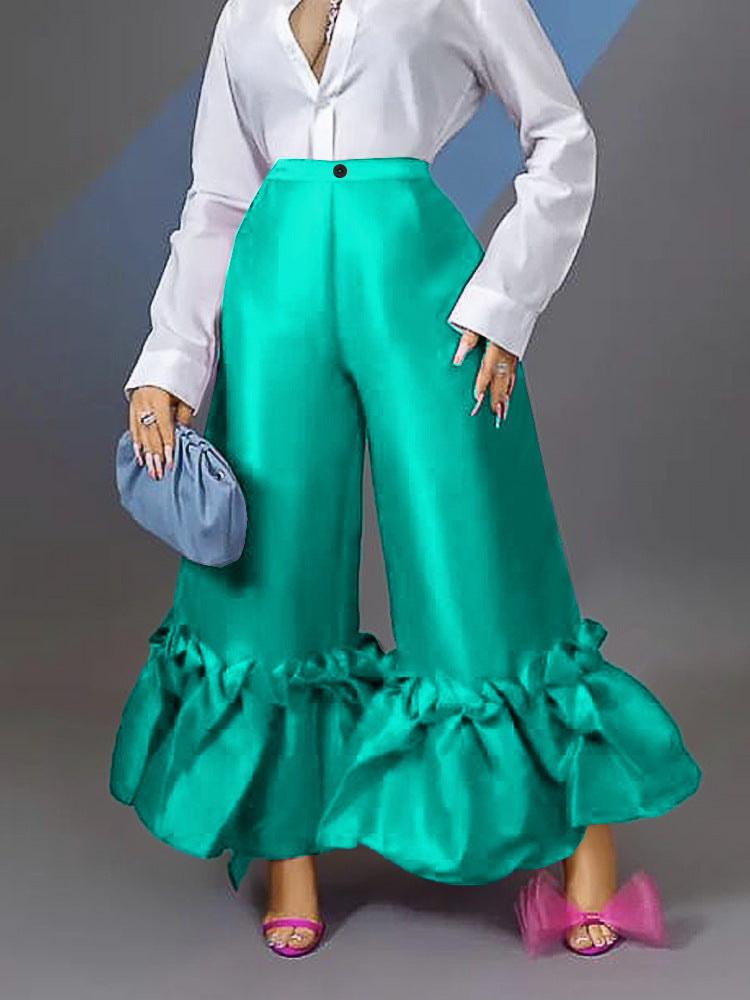 Women's High Waist Loose Design Ruffle Wide Leg Pants Long Pants