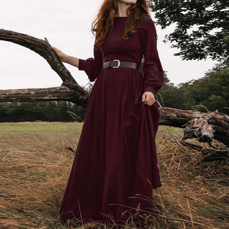 Solid color round collar long sleeves mid length dress for women