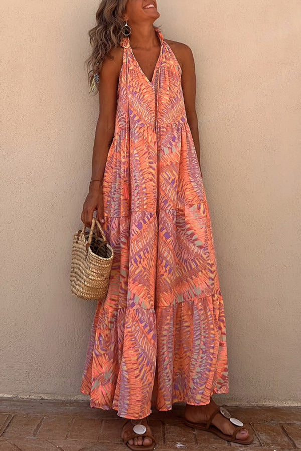 Summer loose fitting women's printed neck hanging sleeveless V-neck large swing long dress