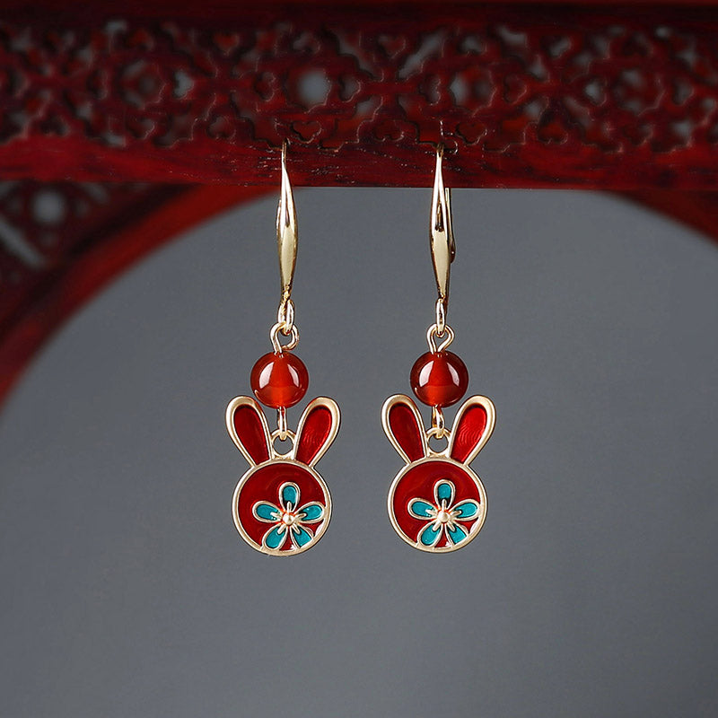 Red earrings antique rabbit earrings with cheongsam retro sterling silver ethnic earrings