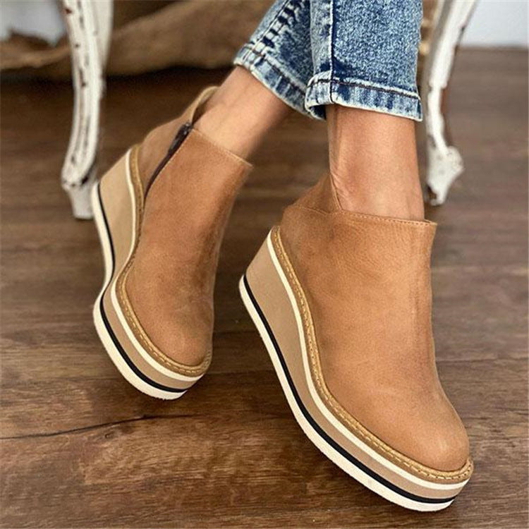 New autumn viscose shoes casual round head thick heel spot solid color low help British solid color fashion boots.