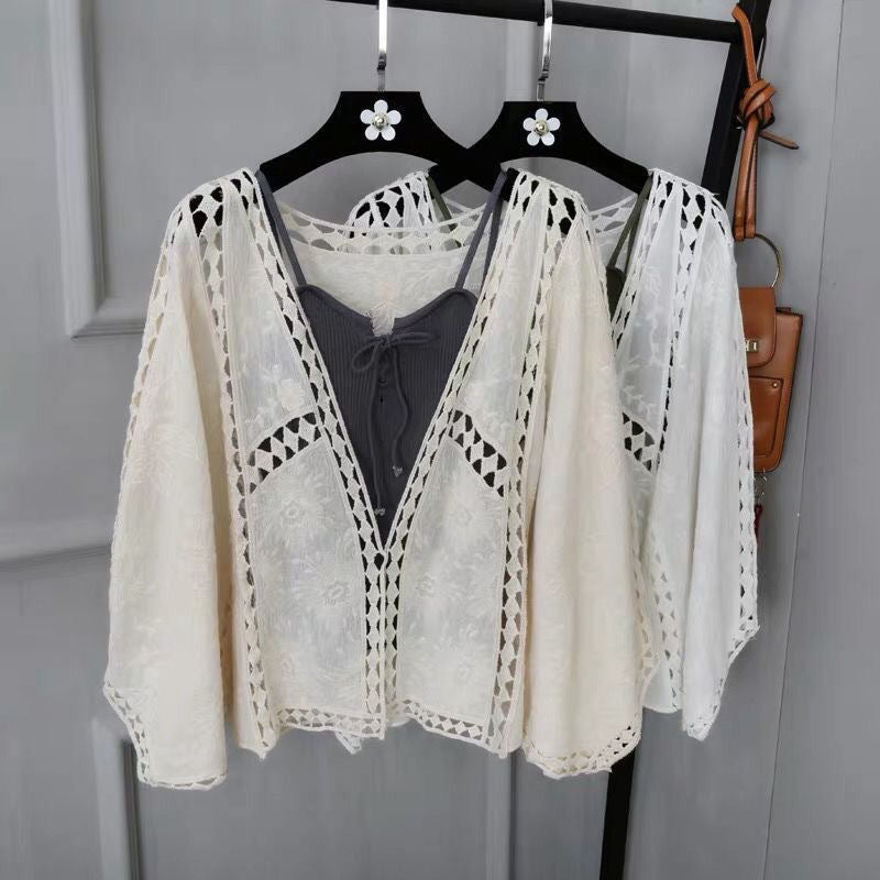 Spring/Summer Cotton Embroidered Lace Cardigan Short Bat Sleeves Loose Shawl 7/4 Sleeve Air Conditioning Sun Protection Cover Up