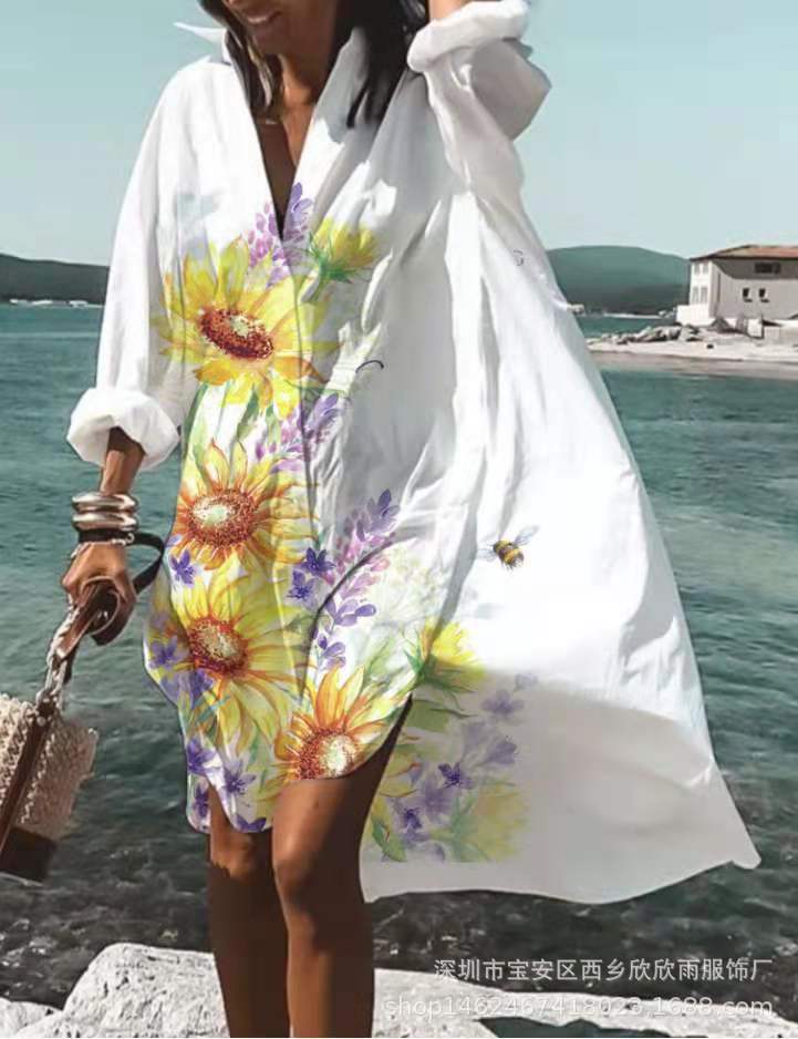 Fashion casual loose Lapel medium length shirt dress