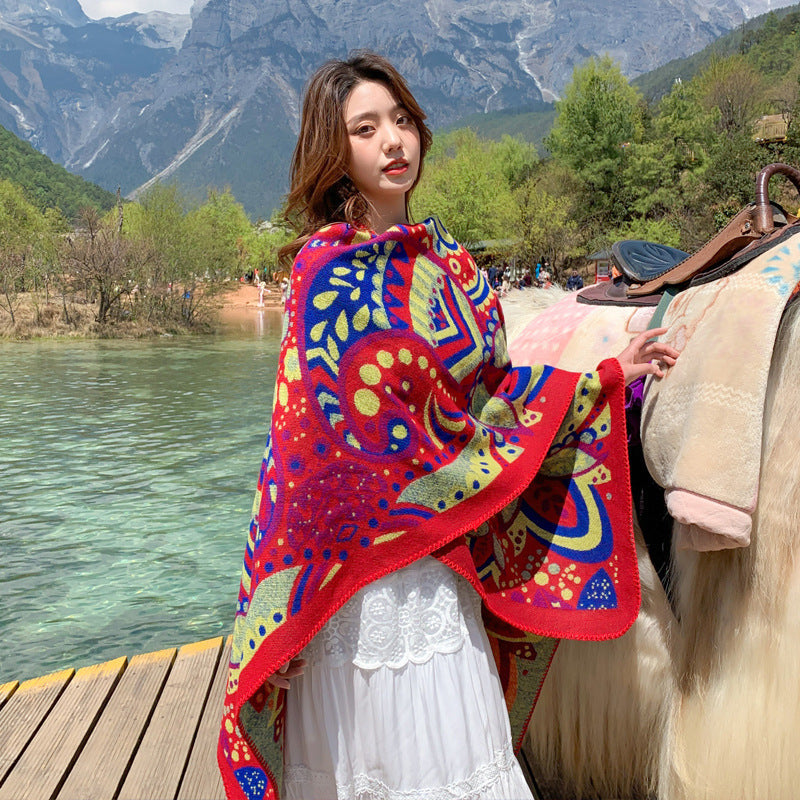 Multi-purpose Tibetan Style Shawl Cashew Flower Cloak Winter Warm Open National Wind Air-conditioning Scarf