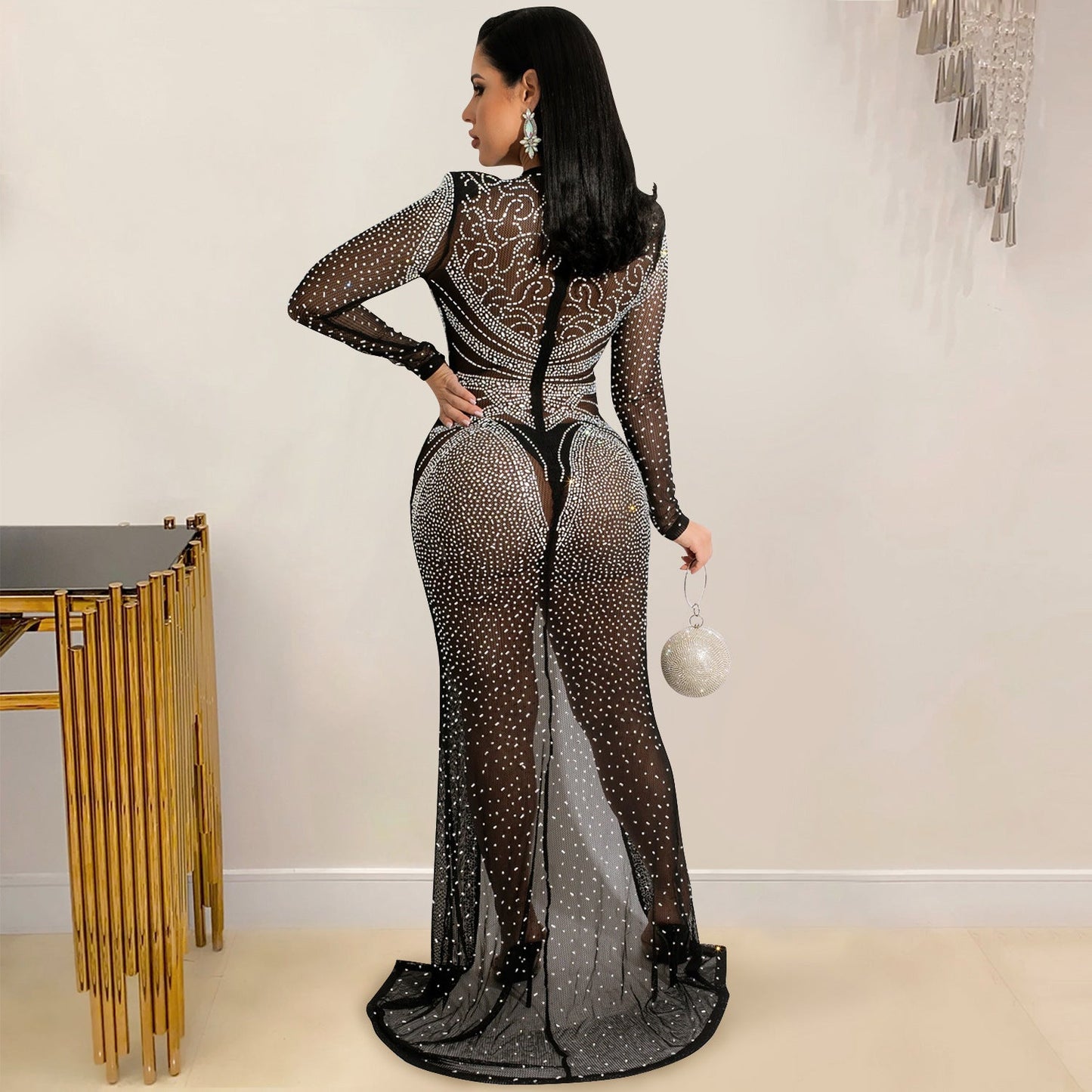 Hot drill women's mesh see-through long-sleeved slit dress women