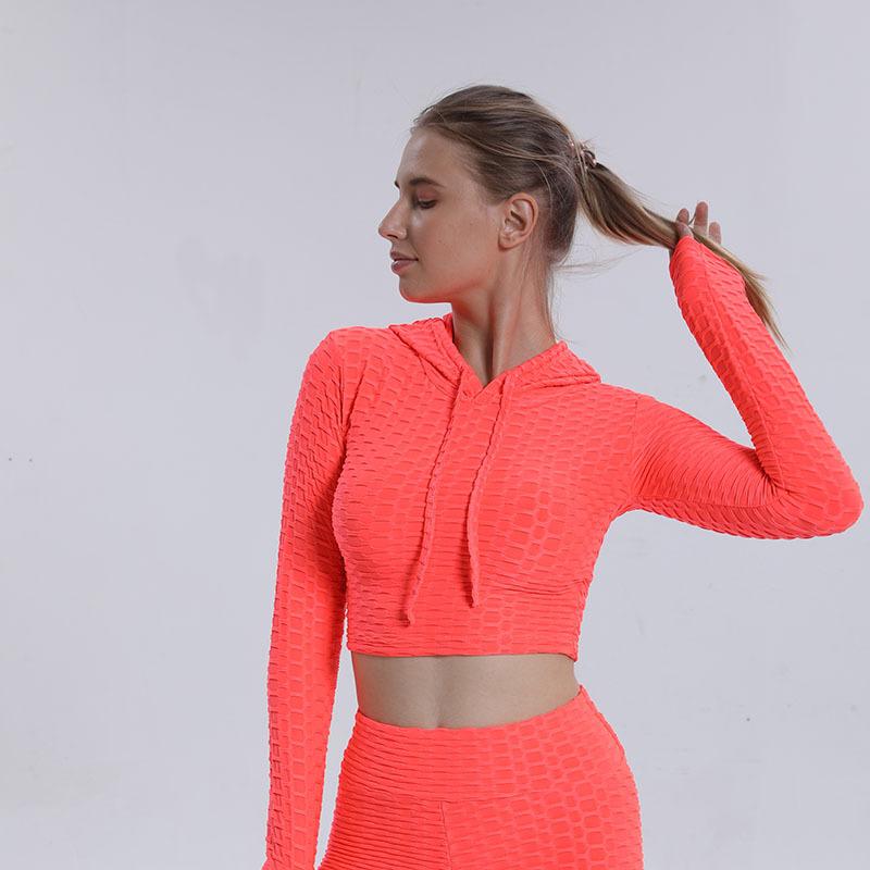 Yoga clothes Jacquard bubble hooded long sleeve Women's fitness clothes Sports Yoga tops