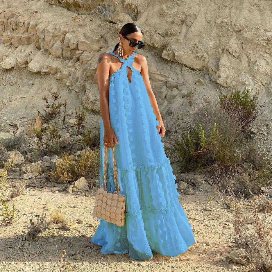 Fashion Hanging Neck Three-dimensional Flower Mop Cake Dress