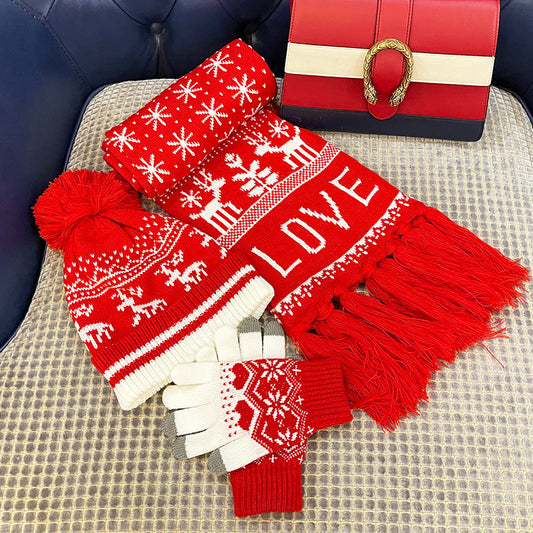 Christmas knitted hat jacquard scarf touch screen gloves three-piece gift