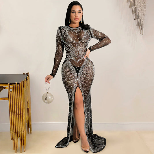 Hot drill women's mesh see-through long-sleeved slit dress women