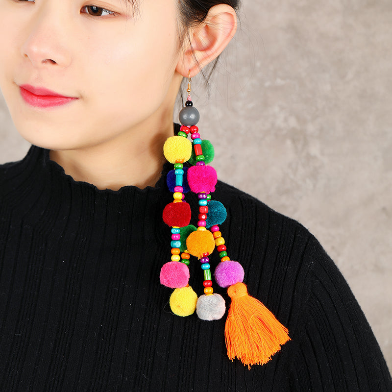 Retro national style contrast color pommel Earrings exaggerated personality Bohemian holiday long tassel temperament Earrings women