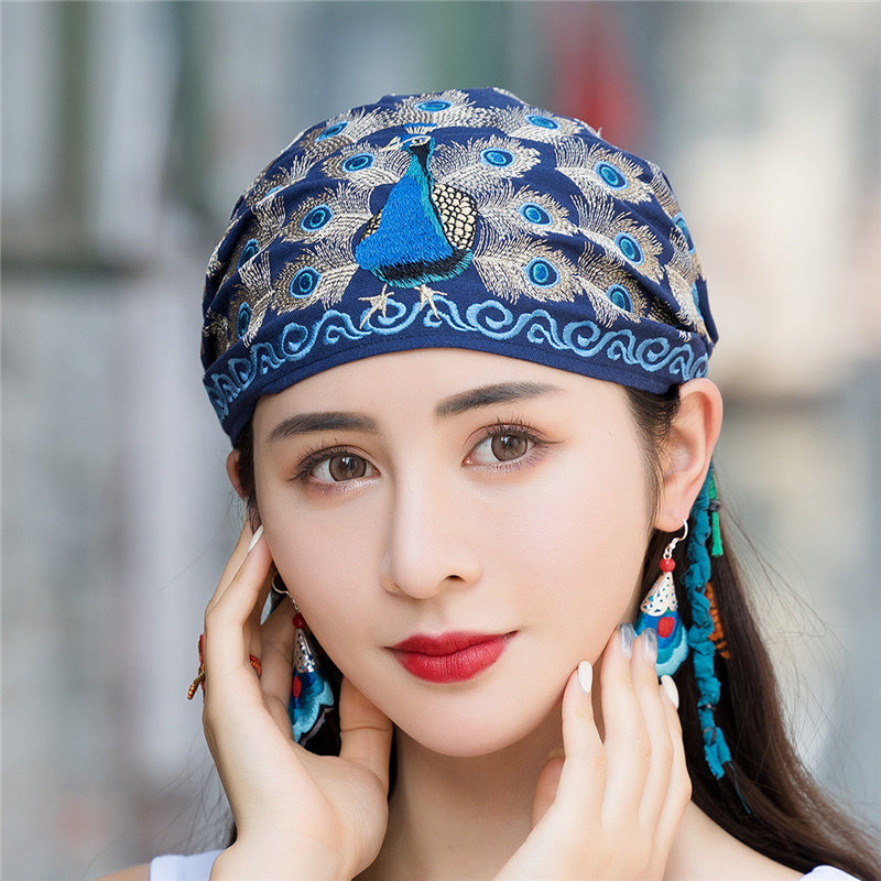 National style embroidered thin cotton and linen hat Women's hat Peacock embroidered hat Tie scarf hat