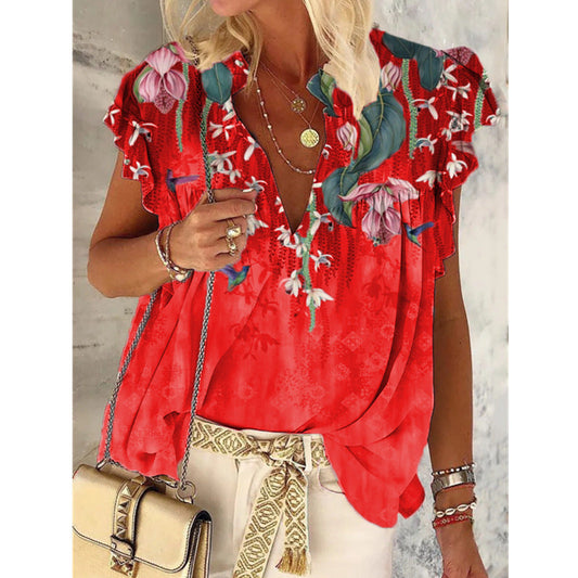 Summer V-neck printed short-sleeved T-shirt plus size jacket