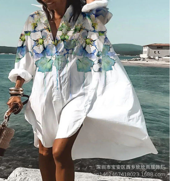 Fashion casual loose Lapel medium length shirt dress