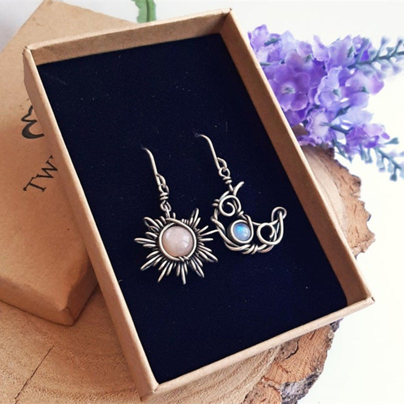 Bohemian retro Sun Moon Earrings Moonstone asymmetric Sun Moon Earrings