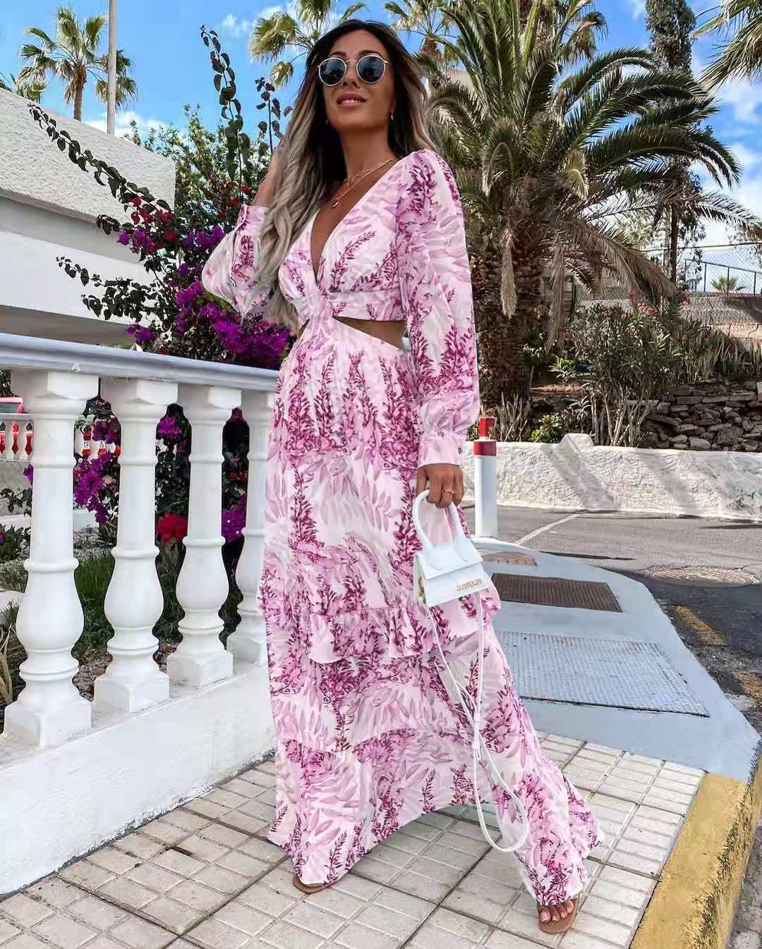 New long sleeve printed hollow long dress in summer