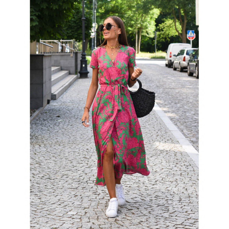 Women's Summer New V-neck Print Lace Dress