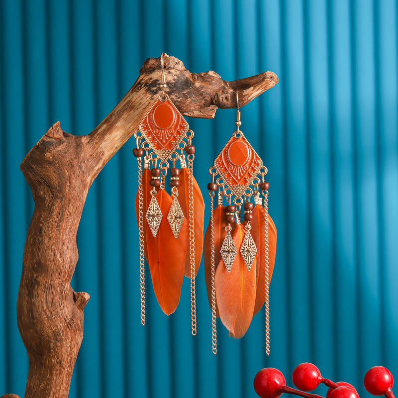 Fringed bohemian red earrings, vintage feather earrings