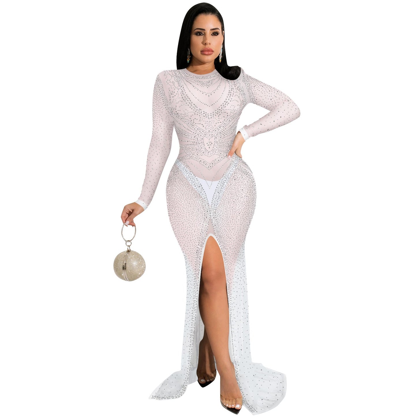 Hot drill women's mesh see-through long-sleeved slit dress women