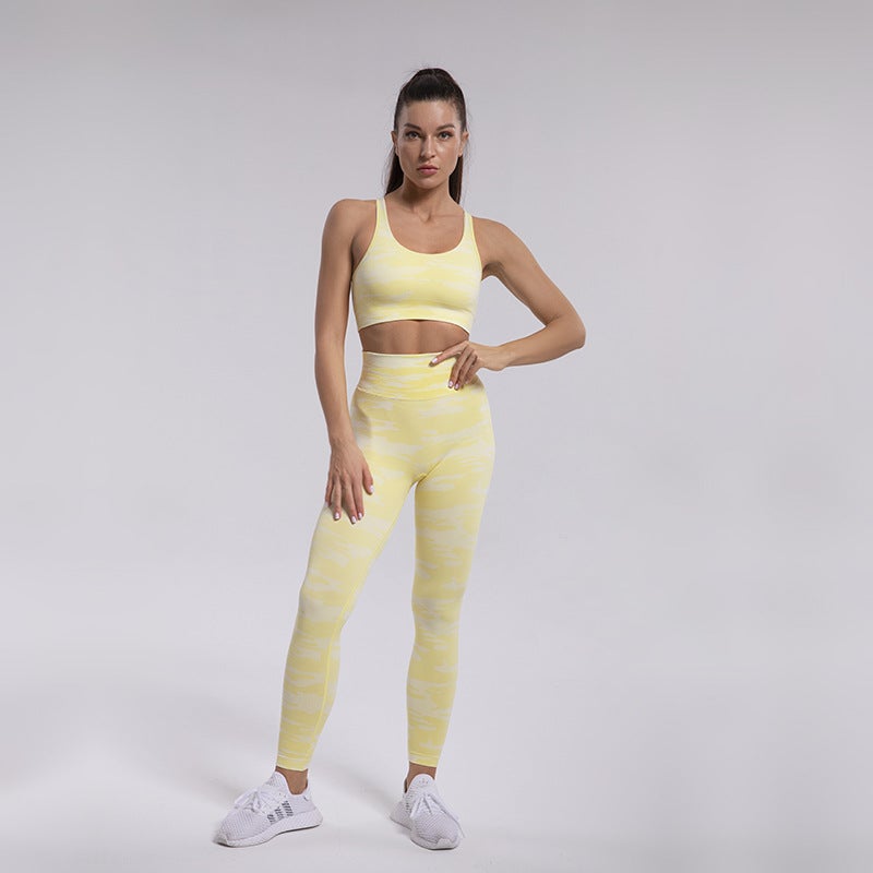 Seamless knitted camouflage yoga wear women's sports bra beauty back sweat-absorbent running pants suit