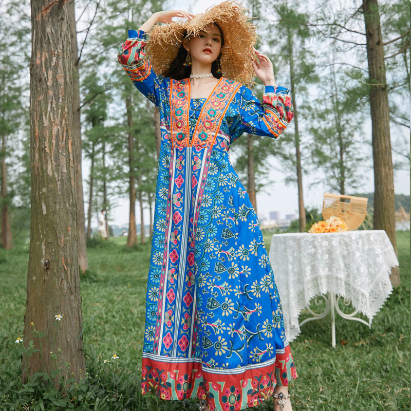 Bohemian ethnic style dress embroidered seaside travel long beach dress