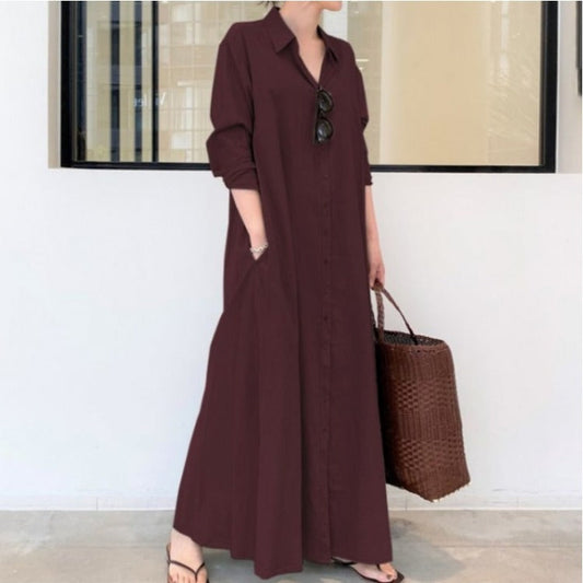 New solid color simple loose casual long shirt dress