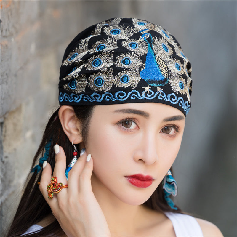 National style embroidered thin cotton and linen hat Women's hat Peacock embroidered hat Tie scarf hat