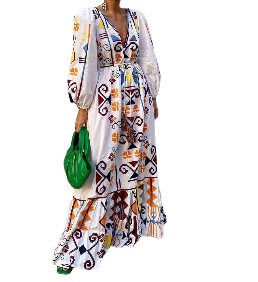 Holiday style lantern sleeve printed long skirt mop the floor skirt