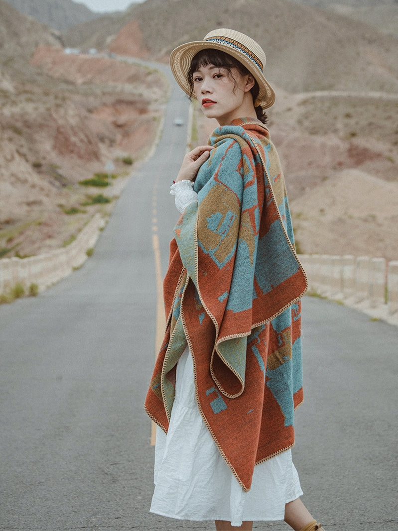 Thickened Autumn and Winter Scarf Versatile Retro Ethnic Warm Shawl  Cloak