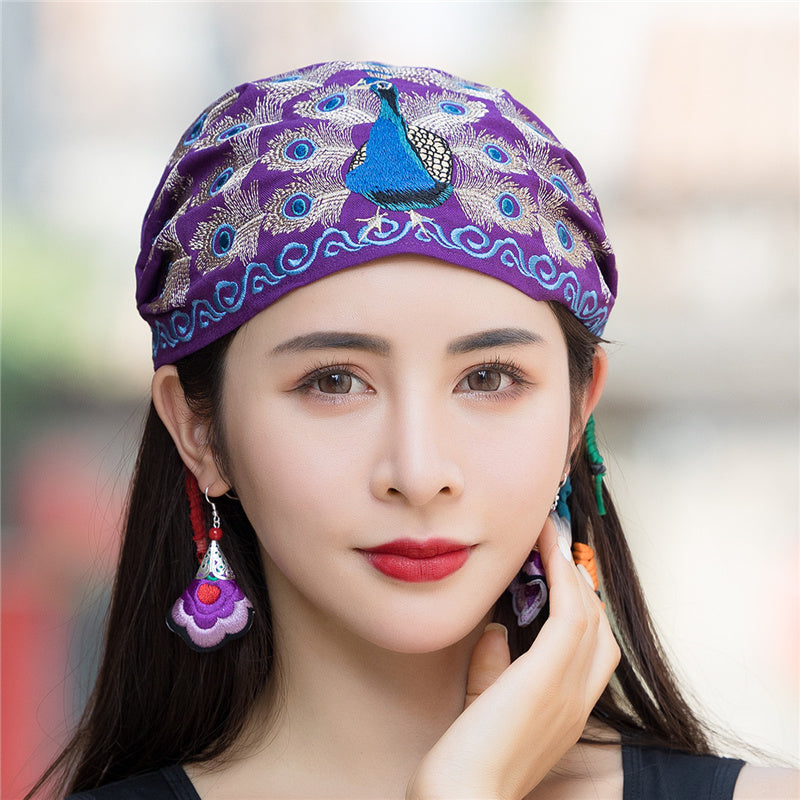 National style embroidered thin cotton and linen hat Women's hat Peacock embroidered hat Tie scarf hat