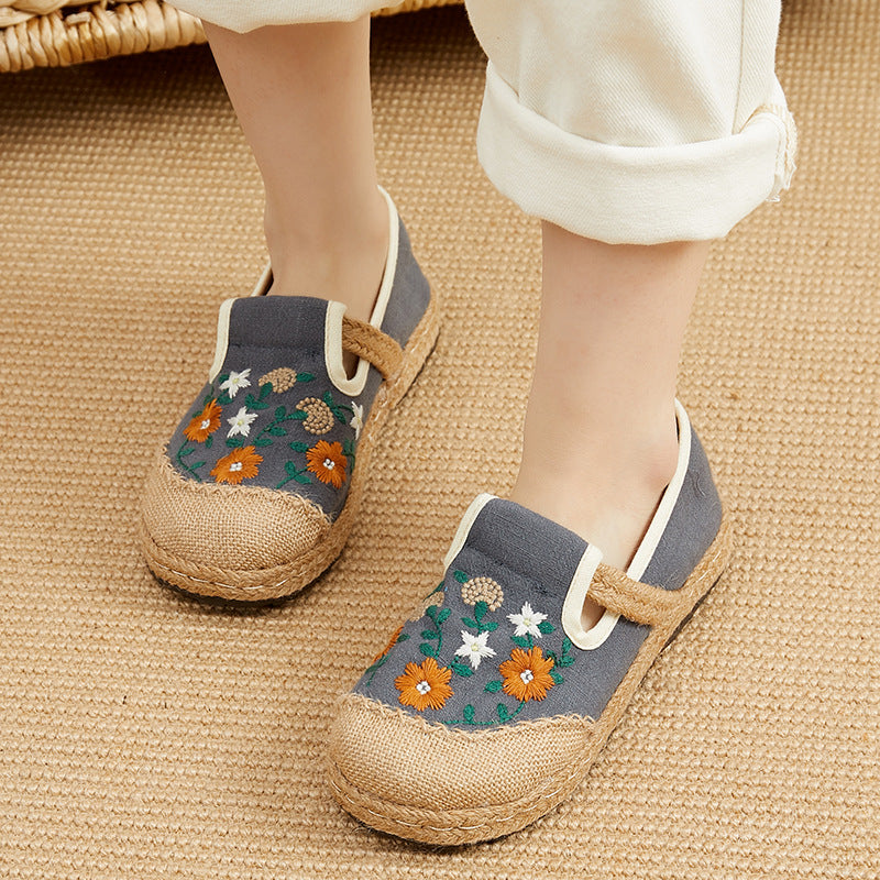 spring embroidered shoes flat-heeled, low-cut embroidered shallow shoes, literary and ethnic style women's shoes linen casual shoes