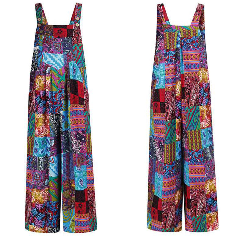 Women's loose print side pocket strap jumpsuit