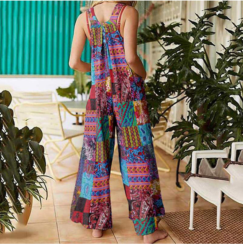 Women's loose print side pocket strap jumpsuit