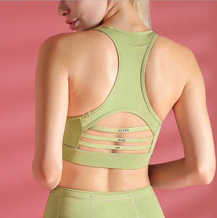 Sports bra back pocket shock absorption sexy bar stitching mesh sports jacket yoga top