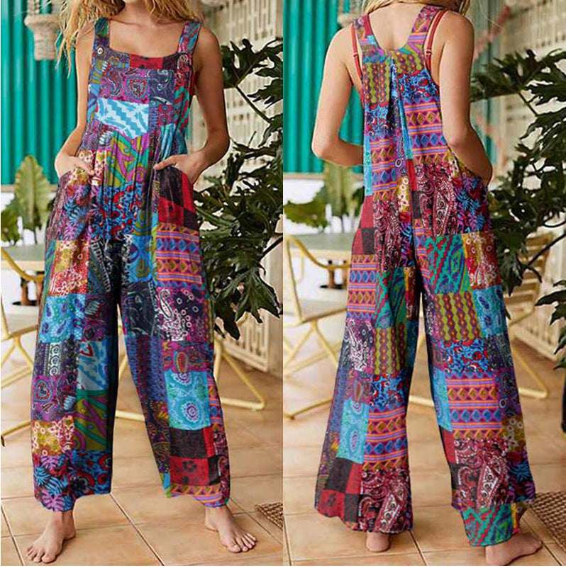 Women's loose print side pocket strap jumpsuit