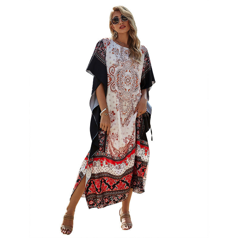 European and American Women's Strap Print Dress New High-waisted Long Dress