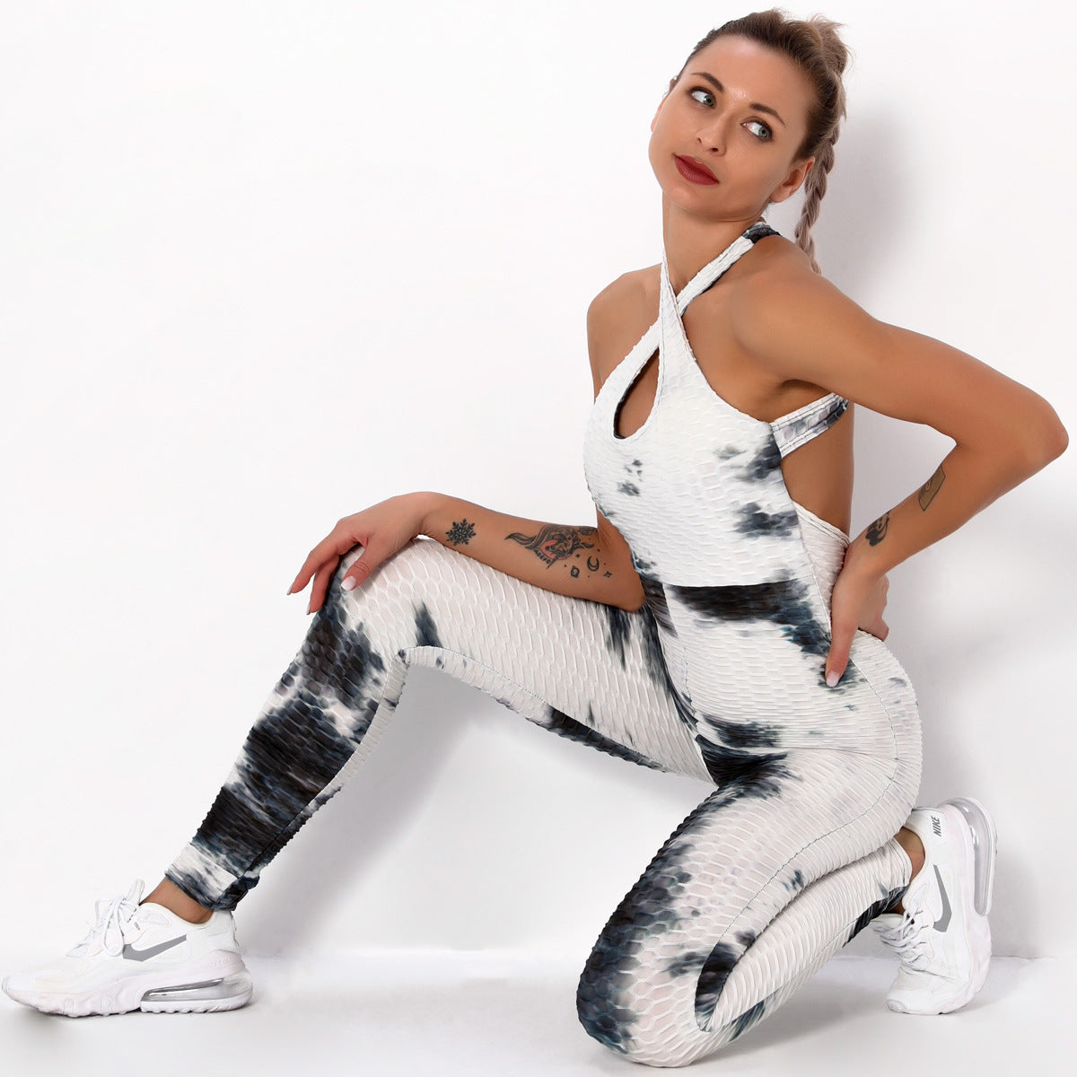 Ink jacquard tie-dye yoga bubble one-piece suit for bodybuilding and buttock lifting