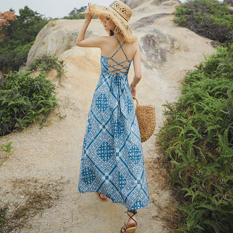 Women's summer new lace-up backless slip dress vintage blue midi vacation dress