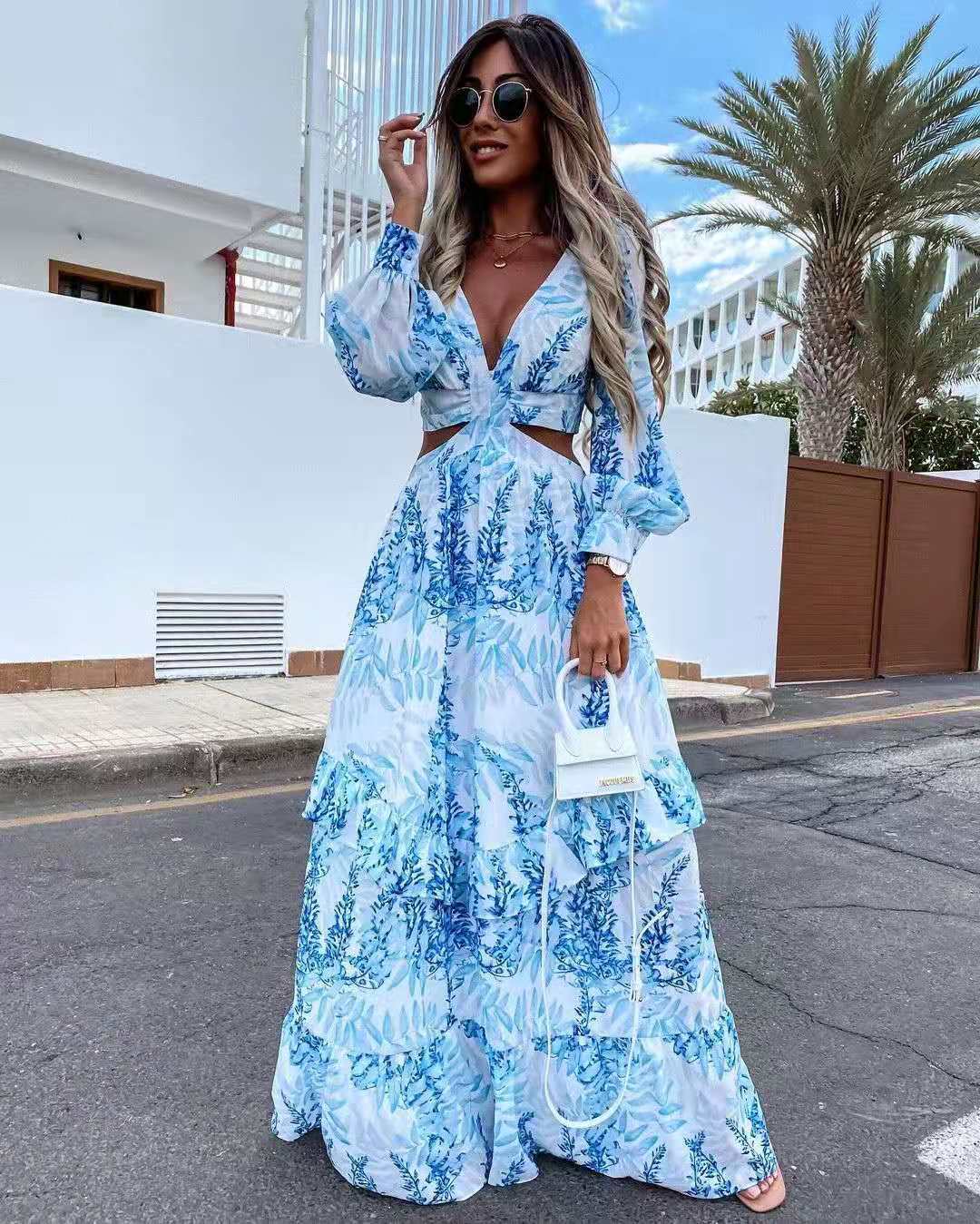 New long sleeve printed hollow long dress in summer