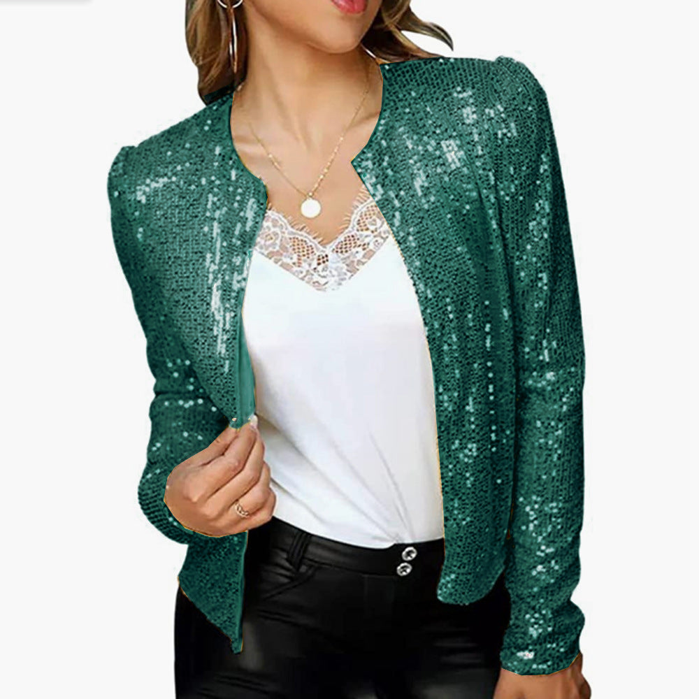 New Women's Fashion Stand-up Collar Color Block Color Sequin Coat Short Casual Versatile Small Coat