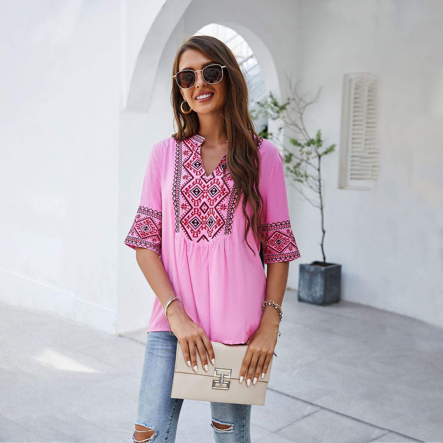 Sexy Loose Deep V-Neck Solid Embroidered Five-point Sleeve Shirt