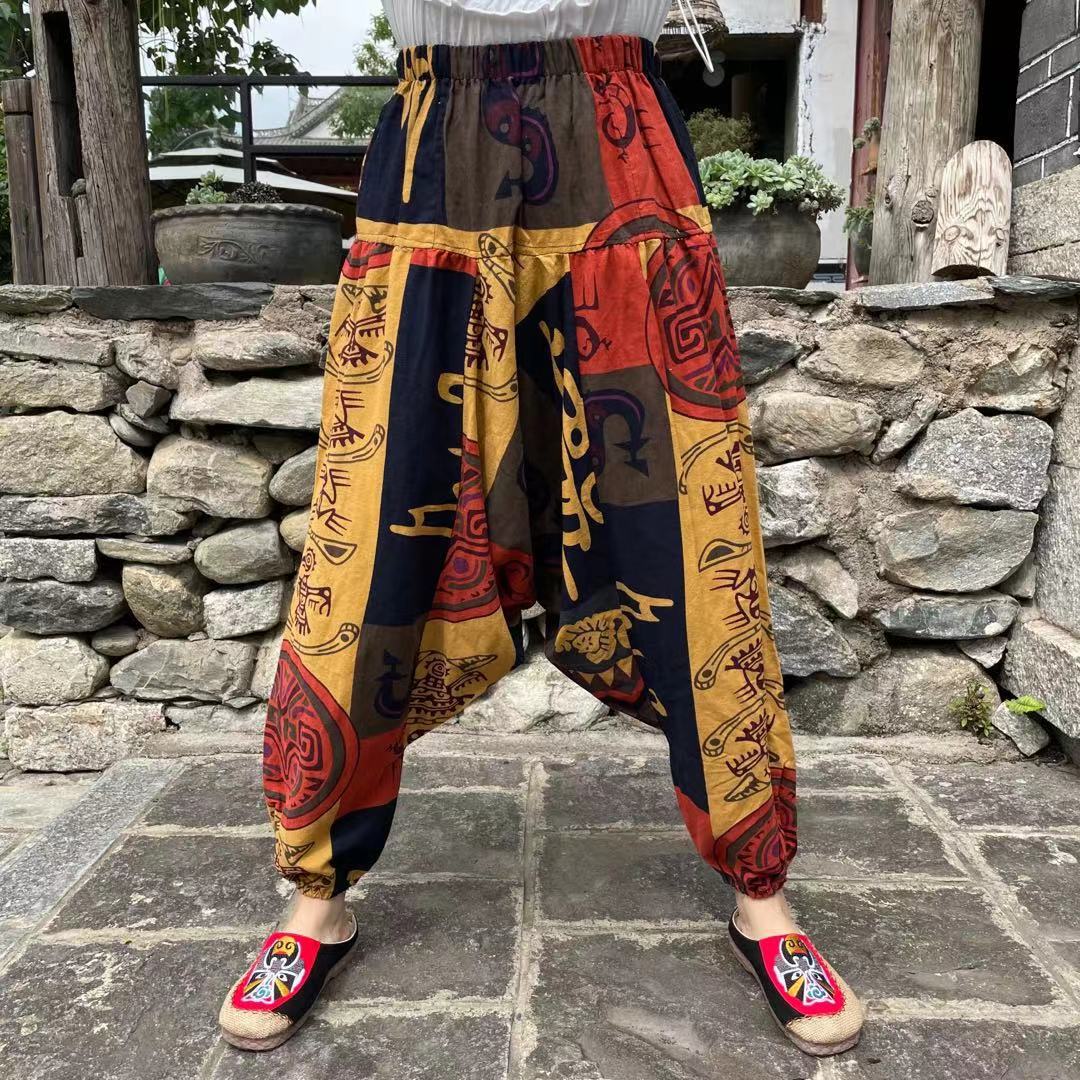 Ethnic style summer men's and women's same large crotch pants cotton and linen printed casual lantern trousers