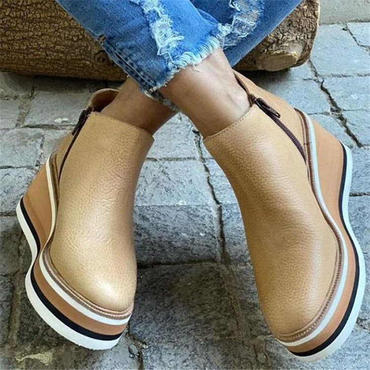 New autumn viscose shoes casual round head thick heel spot solid color low help British solid color fashion boots.