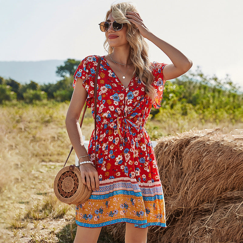 Strap V-neck print dress summer women