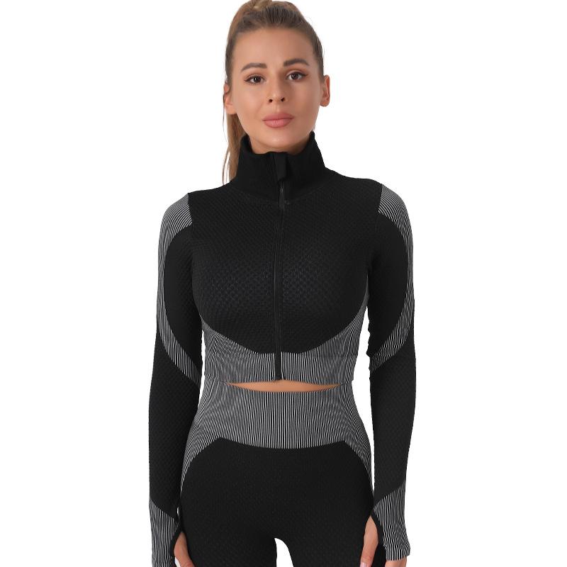 Seamless yoga exercise suit hip lift elastic fitness suit zipper top Sweatshirt three piece women's suit