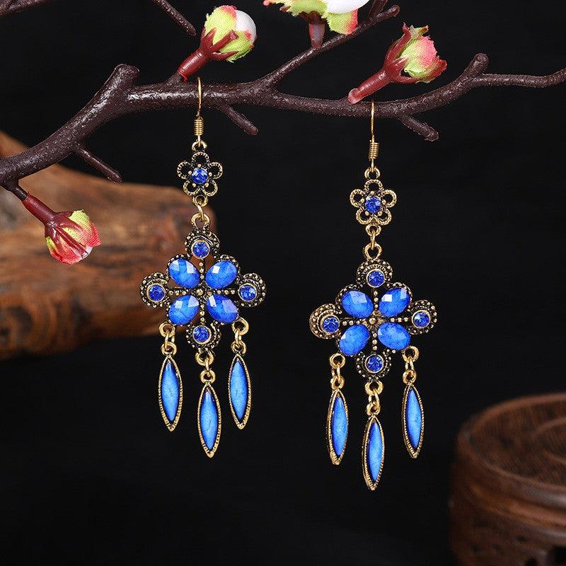 New vintage ethnic accessories diamond-shaped hole blue cutout long fringed earrings with women's diamond-set alloy earrings