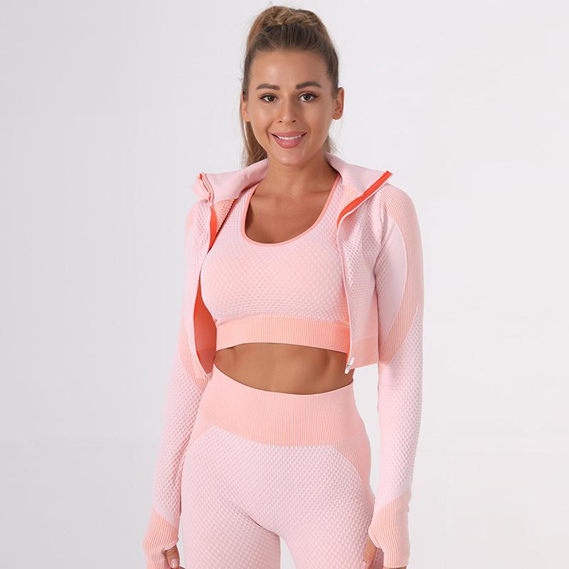 Seamless yoga exercise suit hip lift elastic fitness suit zipper top Sweatshirt three piece women's suit