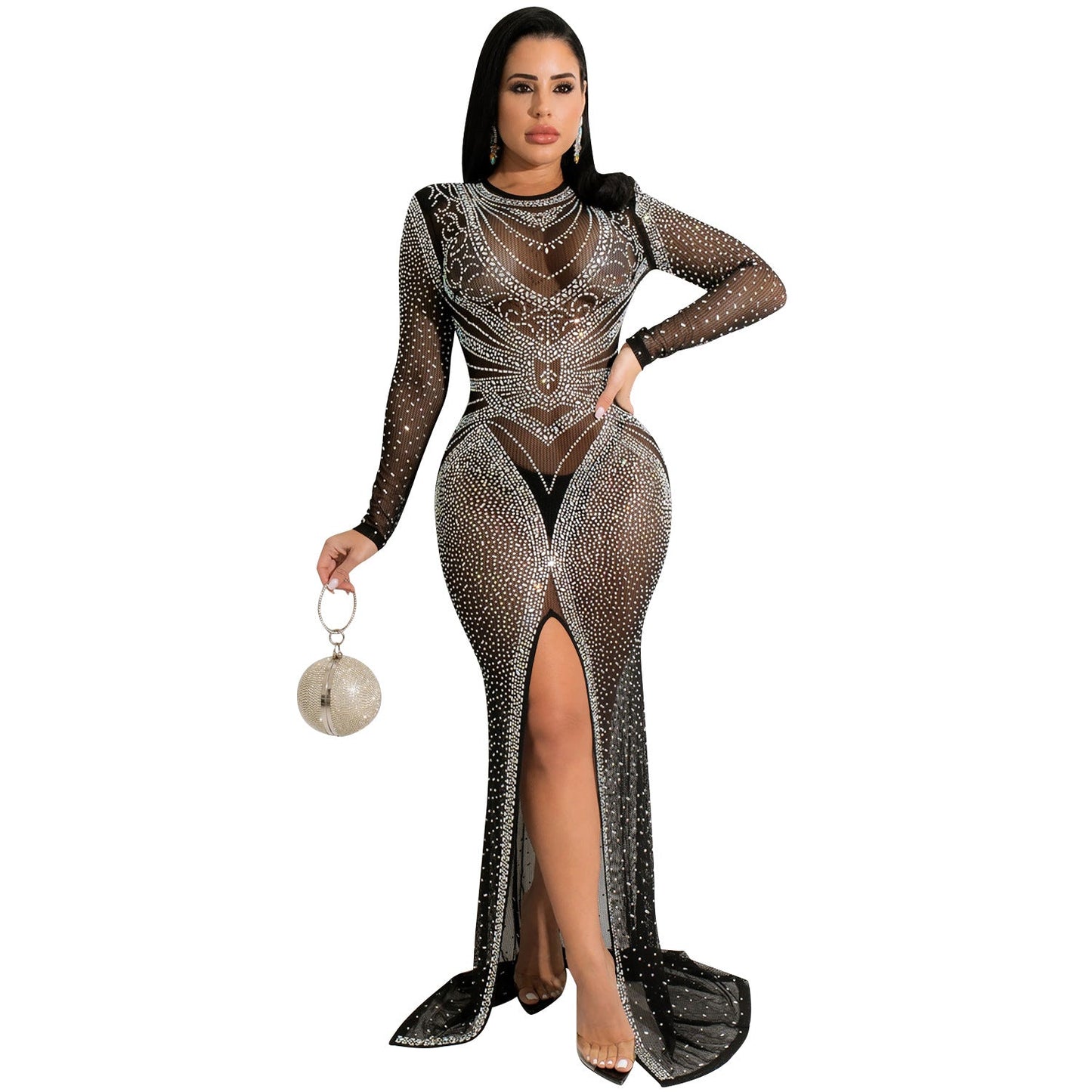 Hot drill women's mesh see-through long-sleeved slit dress women