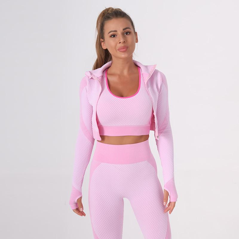 Seamless yoga exercise suit hip lift elastic fitness suit zipper top Sweatshirt three piece women's suit