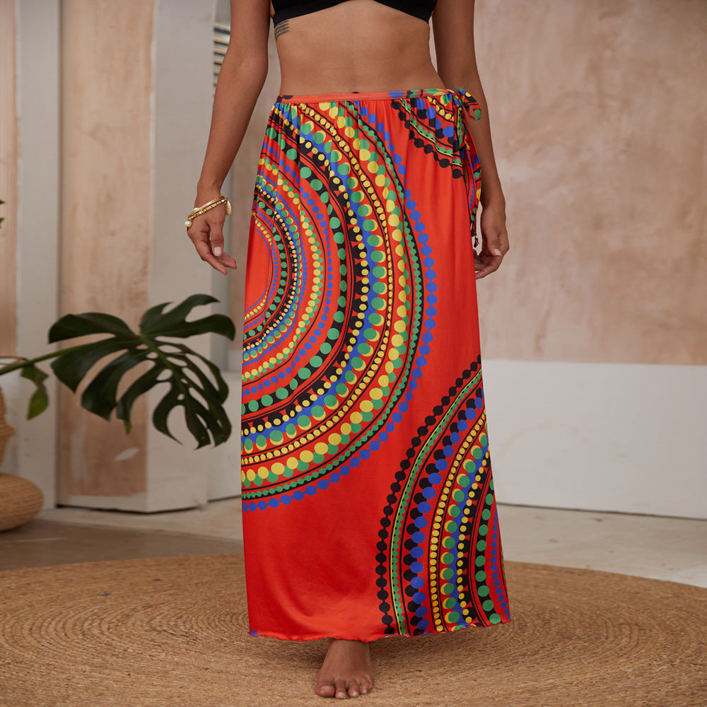 Summer New Skirt Sexy Split Print Bandage Beach Skirt Women's Wear