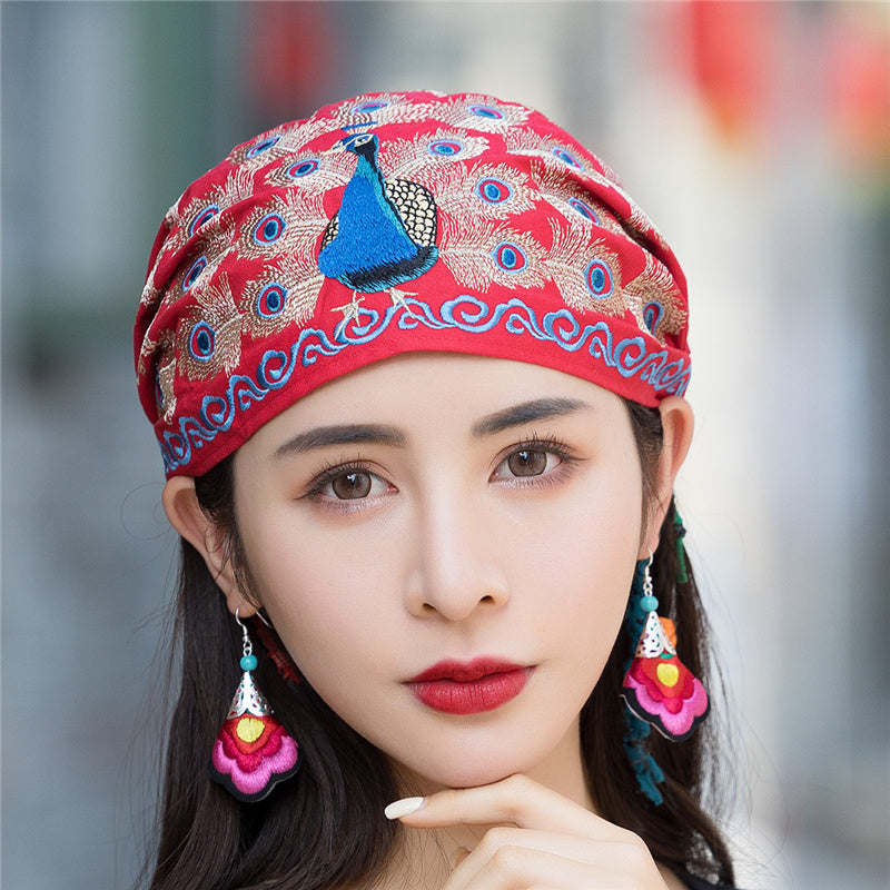 National style embroidered thin cotton and linen hat Women's hat Peacock embroidered hat Tie scarf hat